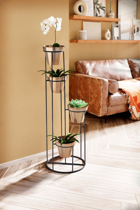 Rootz Modern Plant Stand - Flower Shelf - Flower Rack - Black & Gold - Handcrafted - Removable Pots - Aluminum - Iron - 40cm x 109cm x 40cm