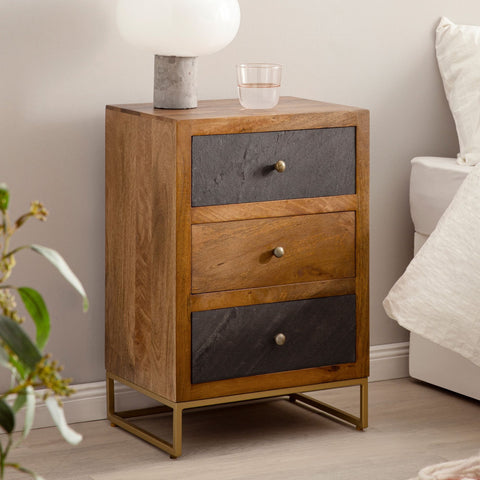 Rootz Modern Bedside Table - Nightstand - 3D Stone Look - Natural Wood Grain - Handmade - 40cm x 60cm x 30cm - Mango Wood - Anthracite Drawer Fronts - Gold Accents