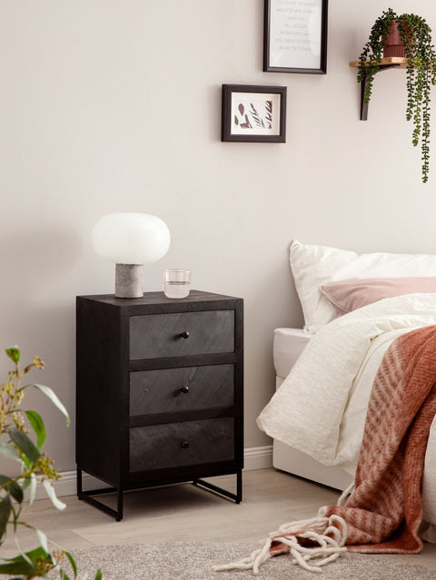 Rootz Modern Bedside Table - Nightstand - 3 Drawer Cabinet - Stone Look - Wood Grain - Handmade - Removable Drawers - Height Adjustable Knobs - Anti-Slip Feet - 40cm x 60cm x 30cm
