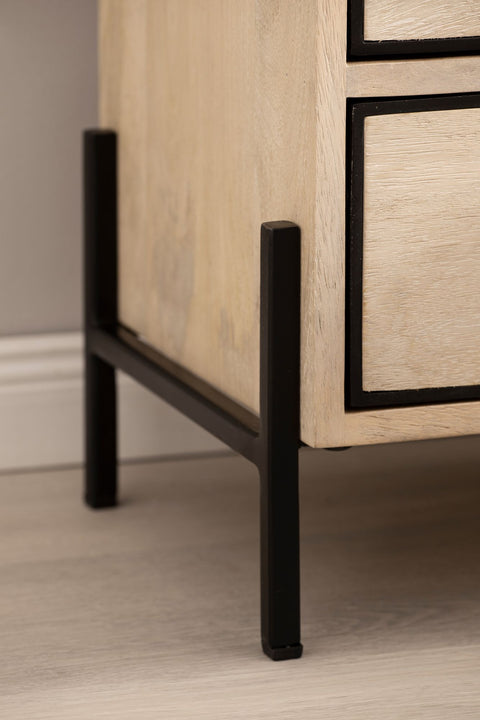 Rootz Modern Bedside Table - Nightstand - End Table - Metal and Wood - 43cm x 60cm x 30cm - Handcrafted - Unique Design - Drawer and Compartment - Light Brown and Black - 5kg Capacity - Mango Wood - Easy Assembly