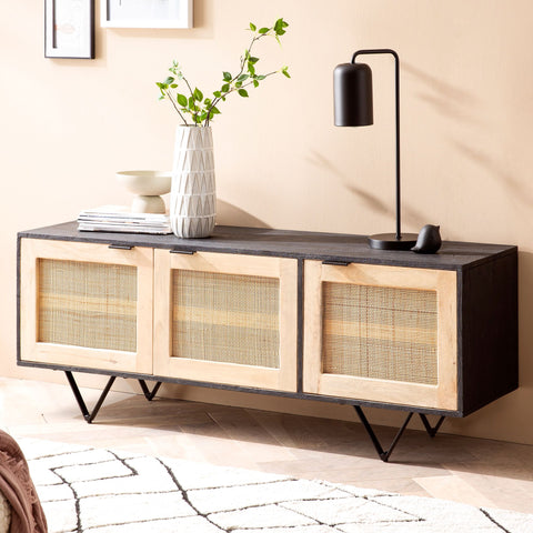 Rootz Modern Design Sideboard - Buffet Cabinet - Credenza - Handcrafted - Solid Mango Wood - V-Shaped Legs - Canework Door Fronts - 145cm x 55cm x 40cm