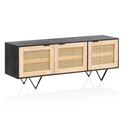 Rootz Modern Design Sideboard - Buffet Cabinet - Credenza - Handcrafted - Solid Mango Wood - V-Shaped Legs - Canework Door Fronts - 145cm x 55cm x 40cm