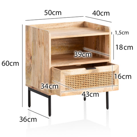 Rootz Modern Bedside Table - Nightstand - Drawer Cabinet - Viennese Weave - Natural Wood Grain - Handmade - 50cm x 60cm x 40cm