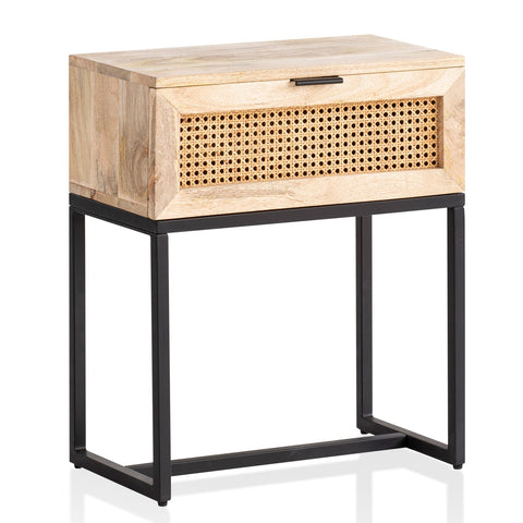 Rootz Modern Bedside Table - Nightstand - Rattan Drawer - Mango Wood - Handmade - Viennese Weave - Natural Wood Grain - Black Metal Frame - 50cm x 60cm x 30cm
