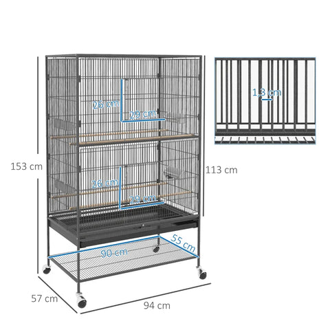 Rootz Bird Cage - Including Perches - Bird Toy - Removable Base Tray - 1 Shelf - Gray - 94L x 57W x 153H cm