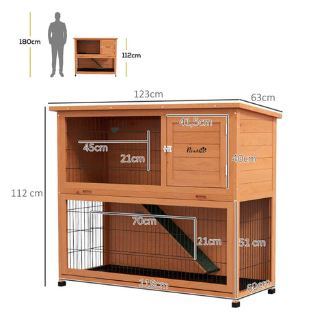 Rootz Small Animal House - Rodent Hutch - Weatherproof - Rabbit Hutch - 2 Floor Trays - Fir Wood Steel - Orange - 123l X 63w X 112h Cm