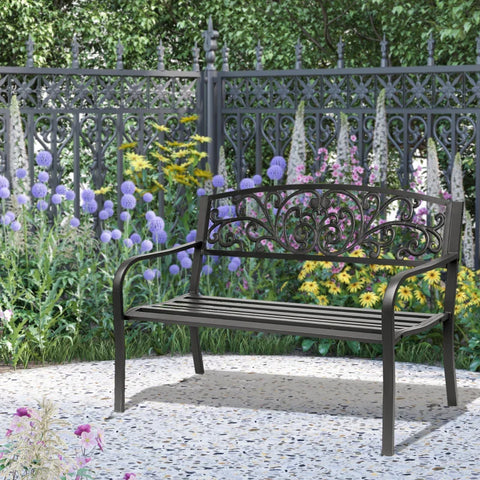 Rootz Metal Flower Garden Bench - 2 Seater - 240kg Load Capacity - Steel - Black - 127L x 60W x 87H cm