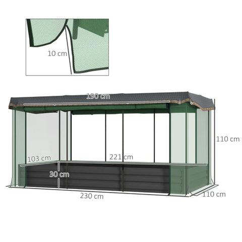 Rootz Raised Bed - With Bird Protection Net - Sun Protection - Metal Housing - Galvanized Steel - Dark Gray + Black + Green - 230x110x110 cm