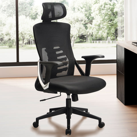 Rootz Modern Swivel Chair - Office Chair - Ergonomic Chair - Mesh Cover - 113cm x 65cm x 65cm - Black - Silver Decorations - Rocking Mechanism - Adjustable Seat Height - Lumbar Support