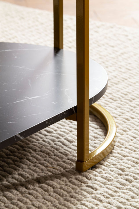 Modern Rectangular Sofa Table - Black & Gold - Marble Look - Rounded Corners - 100cm x 60cm x 45cm - Storage Area - Robust Metal Frame - Elegant Flair - Anti-Slip Nubs - 25kg Load Capacity