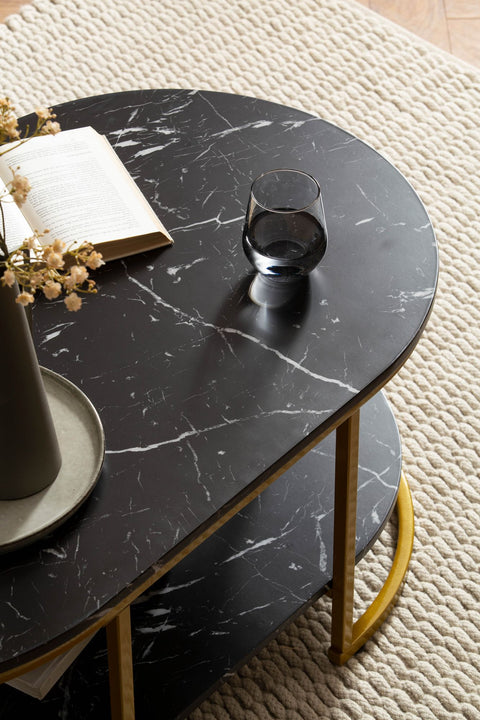 Modern Rectangular Sofa Table - Black & Gold - Marble Look - Rounded Corners - 100cm x 60cm x 45cm - Storage Area - Robust Metal Frame - Elegant Flair - Anti-Slip Nubs - 25kg Load Capacity