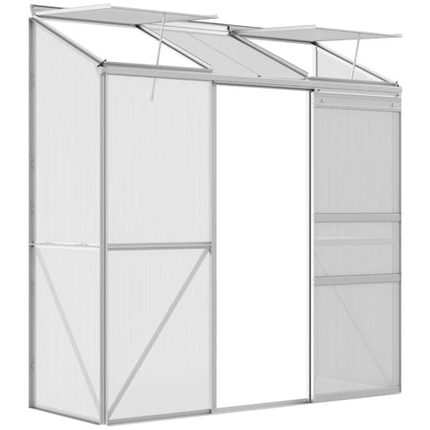 Rootz Lean-to Greenhouse - Sliding Door - Roof Window - Polycarbonate + Aluminum - Silver - 192 x 68 x 196 cm