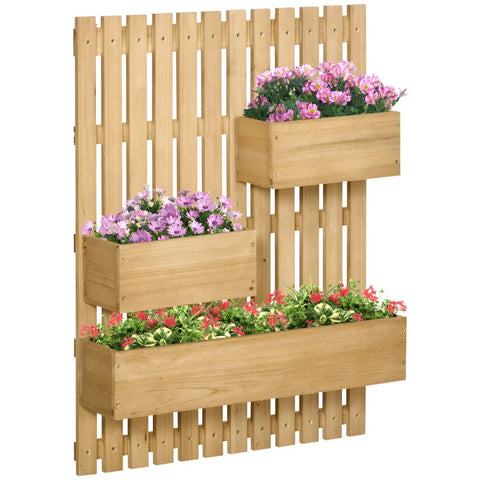 Rootz Wall-mounted Wooden Garden Planters with Trellis - Drainage Holes - 3 Movable Planter Boxes - Wall Raised Garden Bed for Patio - Natural - 60 x 16 x 80 cm