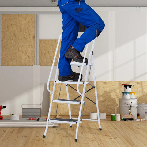 Rootz Step Ladder - Household Ladder - Folding Ladder - Including Tool Holder - Non-slip - Railing - Black + Silver - 50 x 83 x 155 cm