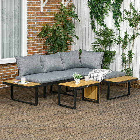 Rootz Garden Furniture Set For 3 People - Balcony Furniture With Seat Cushions - Aluminum Frame - Wood Look - Dark Gray + Natural - 150L x 78W x 72H cm