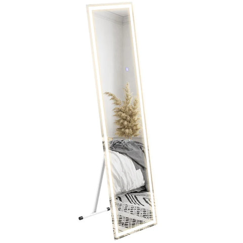 Rootz Standing Mirror - Wall Mirror - Full Body Mirror - With LEDs - Tempered Glass - White + Silver - 40 cm x 150 cm
