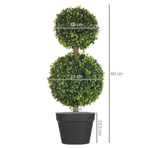 Rootz Set of 2 Artificial Boxwood - 2 Boxwoods - Artificial Plants - Outdoor - Homes - Offices - Restaurants - Green + Brown + Black - 17 cm x 17 cm x 60 cm