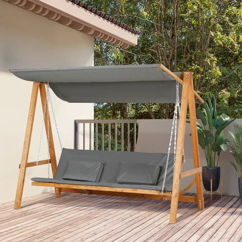 Rootz Hollywood Swing With Bed Function - 3-seater Garden Swing With Roof - Hollywood Lounger - Garden Lounger - Pine Wood - Polyester - Gray + Teak - 225.5 x 113 x 180 cm