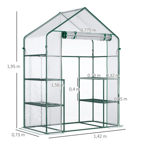 Rootz Film Greenhouse - Walk-in Garden Shed - Tomato Greenhouse - Cold Frame With 6 Shelves - Steel - PVC Plastic - Transparent - 142 x 73 x 195 cm