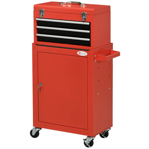 Rootz 2-in-1 Tool Trolley - Mobile Trolley - Tool Cabinet - 3 Drawers - Tool Board - Steel Housing - Red - 46L x 28W x 94H cm