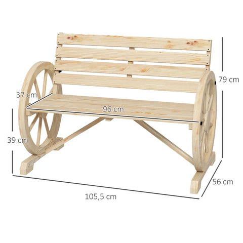Rootz Garden Bench - Wagon Wheel Design - 2 People - Natural Wood - Dark Brown - Fir Wood - Natural - L105.5 x W56 x H79 cm