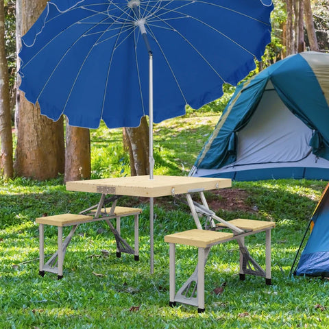Rootz Camping Table - Foldable - 4 Seats - Umbrella Hole - Wooden Table Top - Aluminum Frame - Fir Wood - Metal - Natural Wood - 85.5 X 72.5 X 67cm