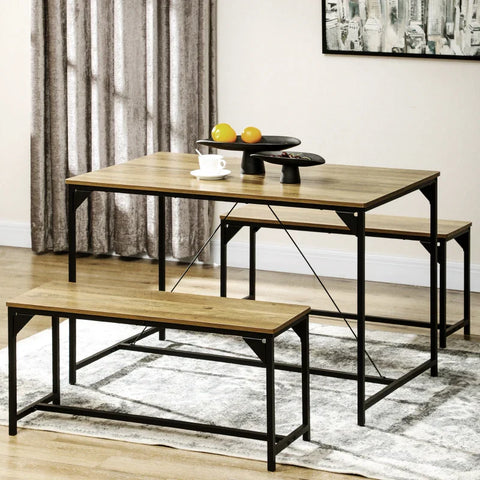 Rootz Dining Group - 4 People Dining Table - With 2 Benches - Industrial Design - Space Saving Dining Room Sets - Black + Natural - 120 cm x 70 cm x 75 cm