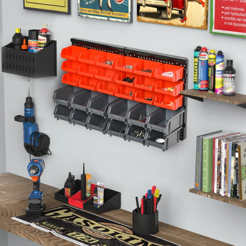 Rootz Storage System - Wall Shelf With Stacking Boxes - 30 Boxes - 2 Perforated Panels - Red + Gray + Black - 37.5 cm x 18 cm x 63 cm