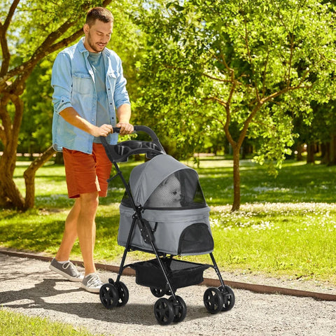 Rootz Dog Stroller - Pet Stroller - Foldable Cat Dog Pushchair - Pet Travel Carriage with 4 Wheels - Adjustable Canopy - Safety Leashes - Storage Basket - Grey - 67 x 45 x 96 cm