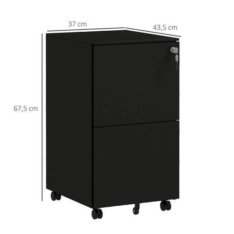 Rootz Rolling Container - Filing Cabinet - 2 Drawers - Lockable - Rollable - Pre-assembled Body - Black - 37 cm x 43.5 cm x 67.5 cm