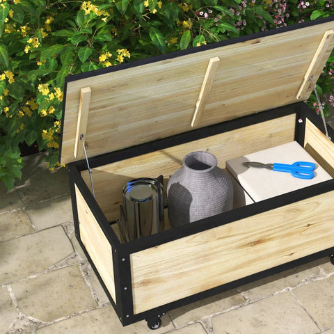 Rootz Garden Storage Box - Outdoor Storage Box - 121 Liter - 2 Wheels - Weatherproof - Metal Frame - Fir Wood - Natural Wood - 100x50x43 cm