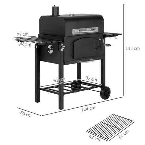 Rootz Charcoal Grill - BBQ Smoker - Adjustable Charcoal Compartment - Side Shelves - Warming Rack - Enameled Cast Iron - Black - 124L x 66W x 112H cm