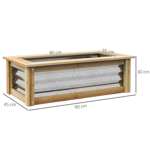 Rootz Raised Bed - Self-draining - Open Bottom - Metal + Wood - Greenhouse & Gardening - Natural + Silver - 90 x 45 x 30cm