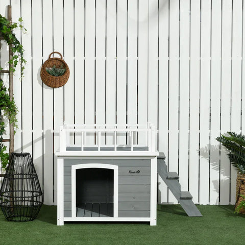 Rootz Dog House - Roof Terrace - Stairs - Window - Floor Clearance - Natural Wood - Light Gray - 121 x 77 x 78cm