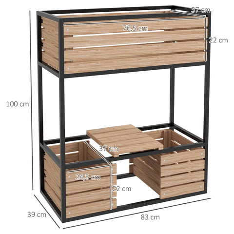 Rootz Raised Bed - 2 Tier Raised Bed - 3 Planter - Storage Shelf - Natural Wood - Metal Frame - Fir Wood - Light Brown - 83W x 39D x 100H cm