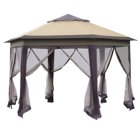 Rootz Garden Gazebo - Folding Gazebo - Pop-Up Tent - Party Tent Including Carry Bag - 6 Side Panels - Double Roof - Hexagonal - Coffee + Beige - 405L x 340W x 2.85H cm