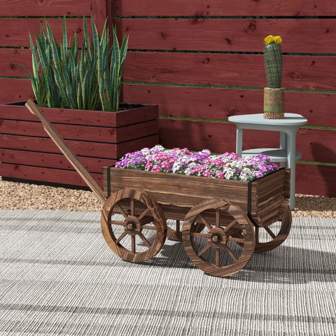 Rootz Flower Box - Plant Wheelbarrow - Long Handle - Wooden Raised Bed - Weatherproof - Fir Wood - Brown - 120 X 41 X 50 Cm