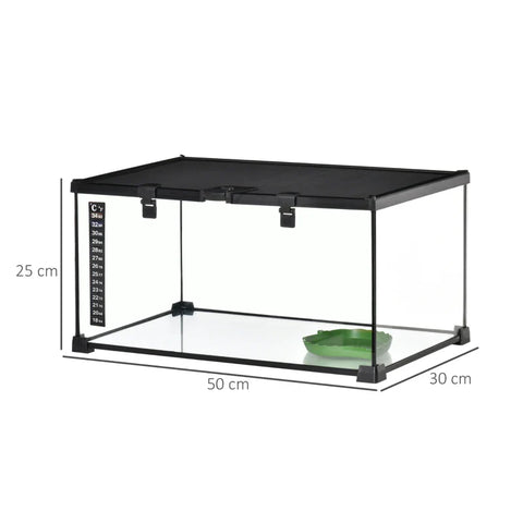 Rootz Reptile Box Terrarium - Including Strip Thermometer - Feeding Flaps - Glass + Metal - Black - 50 cm x 30 cm x 25 cm