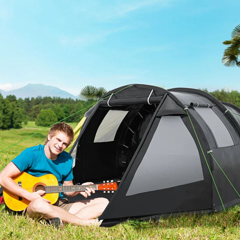 Rootz Camping Tent - Weatherproof - Trekking Tent - 2 Rooms - Portable Travel Bag - UV 30+ Sun Protection - Taffeta 100% Polyester-fiberglass - Black - 475L x 264W x 172H cm