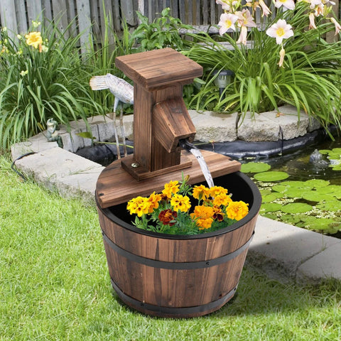 Rootz Garden Fountain - Decorative Fountain - Barrel Fountain - Waterfall - Wooden Bucket - Fir Wood + Metal - Dark Brown - 27 x 37 cm