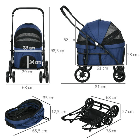 Rootz Dog Buggy - Pet Stroller - Foldable - Rain Cover - Pet Cart - 2 Safety Lines - Oxford Cloth - Steel - Dark Blue - 81x 68 X 98.5 Cm