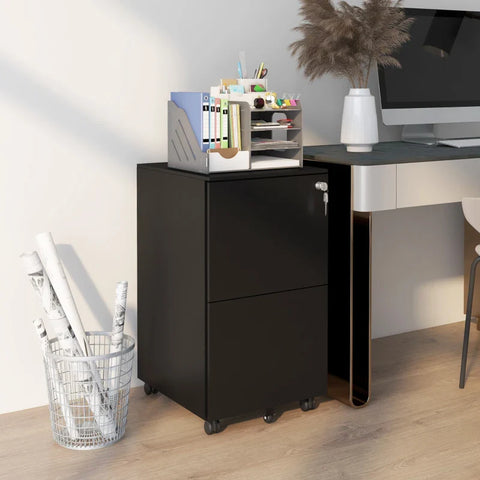 Rootz Rolling Container - Filing Cabinet - 2 Drawers - Lockable - Rollable - Pre-assembled Body - Black - 37 cm x 43.5 cm x 67.5 cm