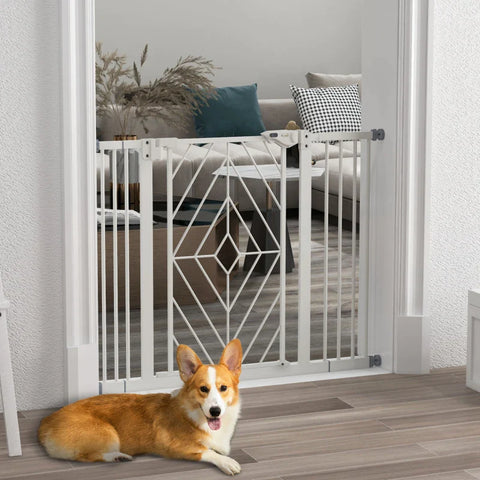 Rootz Dog Gate - Stair Gate - Automatic Closing - Adjustment Screw - One-hand Operation - Security Gate - Round Double Sided Tape - Steel-PA - White - 100 cm x 4 cm x 76 cm