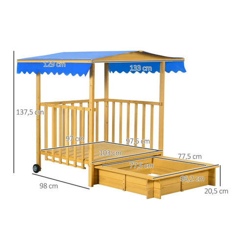 Rootz Sandpit - Sandpit With Playhouse - Sandpit With Roof - Children's Sandpit - Fir Wood - Natural + Blue - 133 x 129 x 137.5 cm