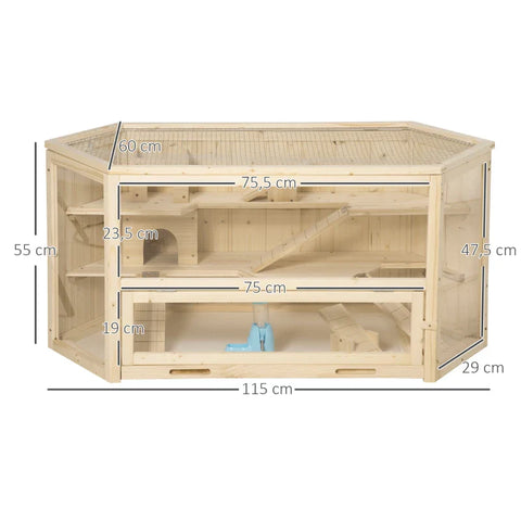 Rootz Small Animal Cage - Rodent Cage - Rodent Home With 1 Ramp - 1 Rocker - Removable Floor Tray - Fir Wood - Natural - 115L x 60W x 55H cm