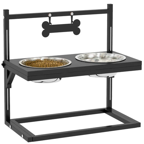 Rootz Feeding Station - Raised Feeding Bowls - Stainless Steel - Feeding Bowls - Steel Pipes - Black + Silver - 40.5 x 22 x 39 cm