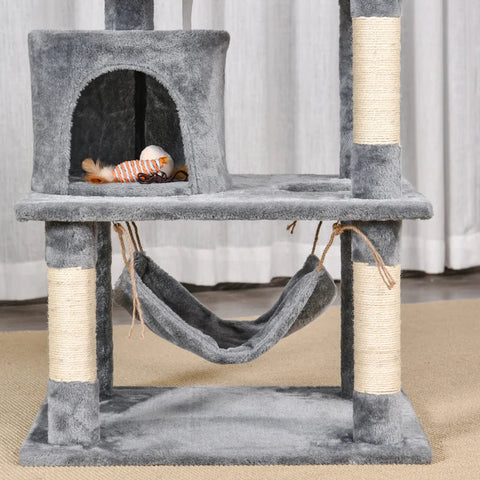 Rootz Cat Scratching Post - Cat Tree with Hammock - Climbing Tree for Cats - Cave Cat Furniture with Sisal Posts - Light Gray - L60 x W50 x H145 cm