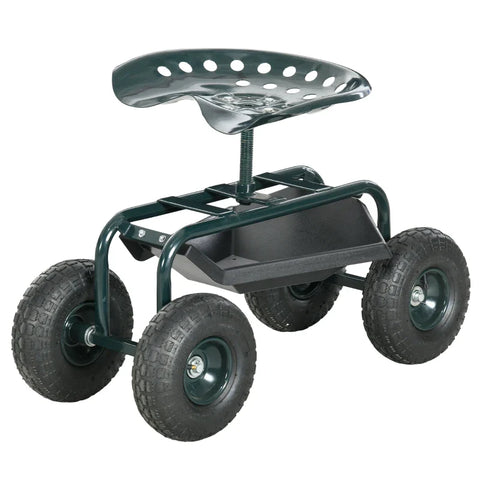 Rootz Garden Trolley - Swivel Seat - Height Adjustable - Garden Cart - Air-filled Tires - Strong - Steel-plastic-rubber - Dark Green - 83L x 36.5W x 45-60H cm