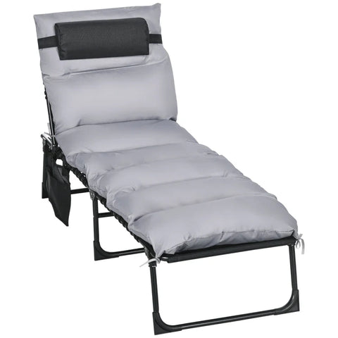 Rootz Folding Lounger - 5-stage Reclining Backrest - Cushion - Up To 120 Kg - Steel - Light Gray - 58 x 189 x 32.5 cm