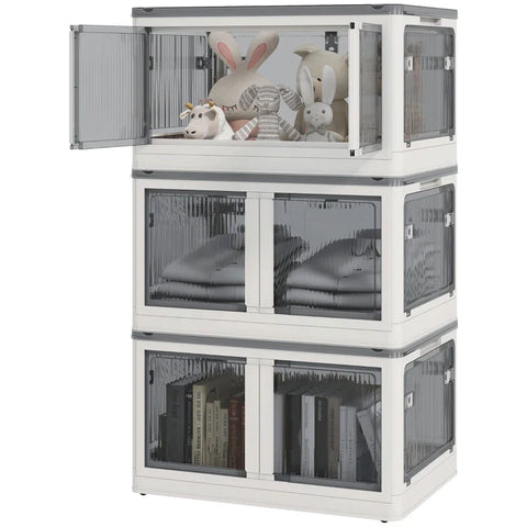 Rootz Storage Box - Set of 3 Folding Storage Box - With Wheels - Plastic - Foldable - White - 60 x 42 x 34 cm